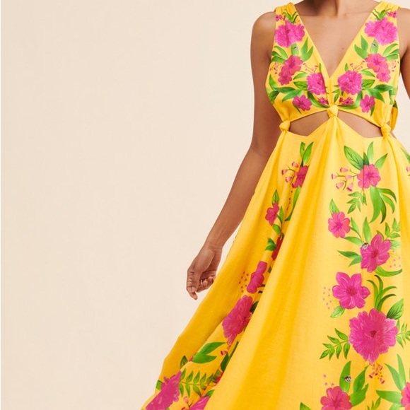 Farm Rio Romantic Garden Yellow & Pink Floral Linen Midi Dress XL - Picture 2 of 8